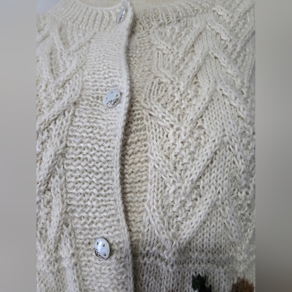 NANDO Extra Fine Alpaca Hand Knit Cream/Green/ Brown Leaf Pattern Cardigan. Med - Picture 3 of 14